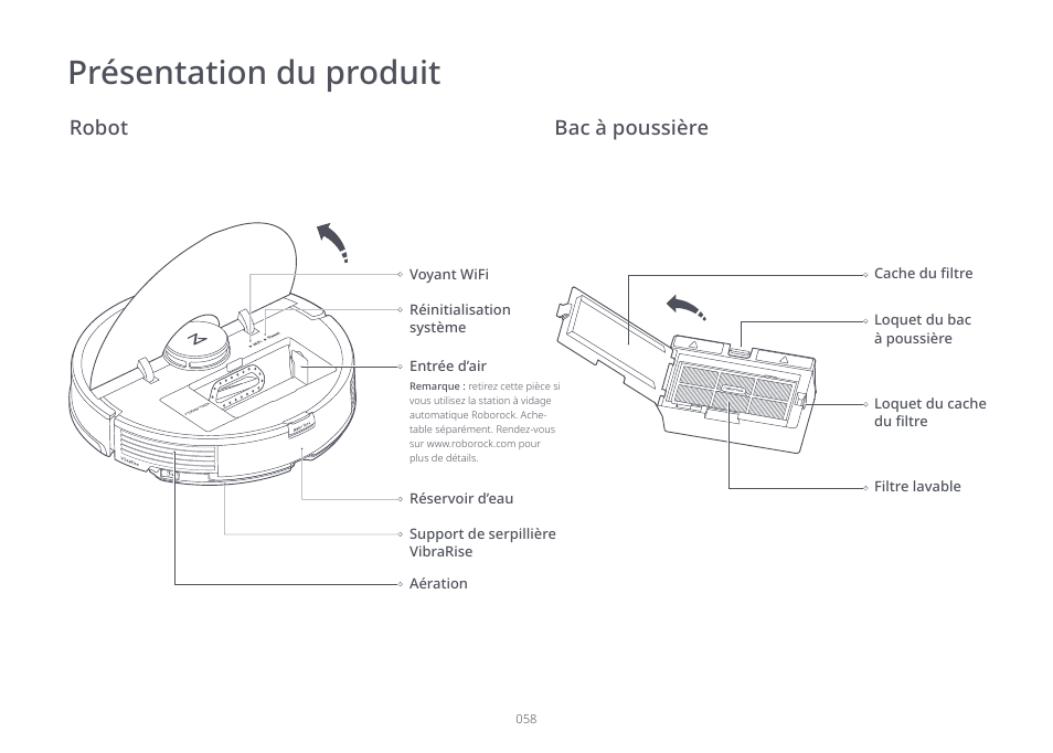 Présentation du produit, Robot, Bac à poussière | Roborock S7 CE User Manual | Page 58 / 372