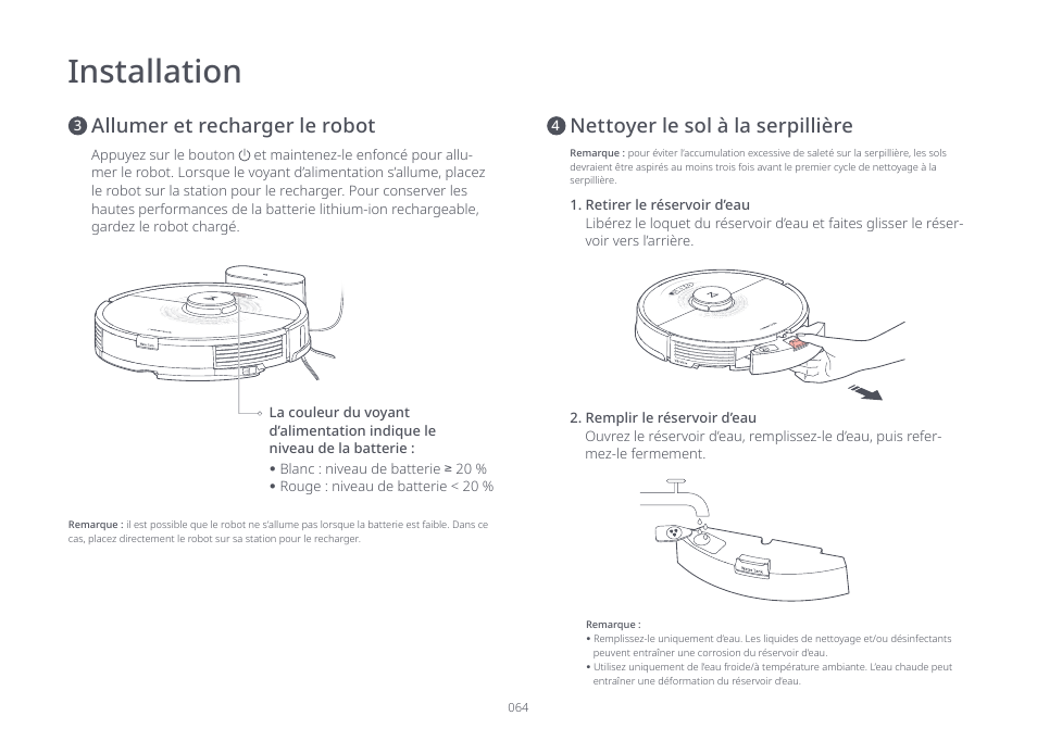 Installation, Nettoyer le sol à la serpillière, Allumer et recharger le robot | Roborock S7 CE User Manual | Page 64 / 372