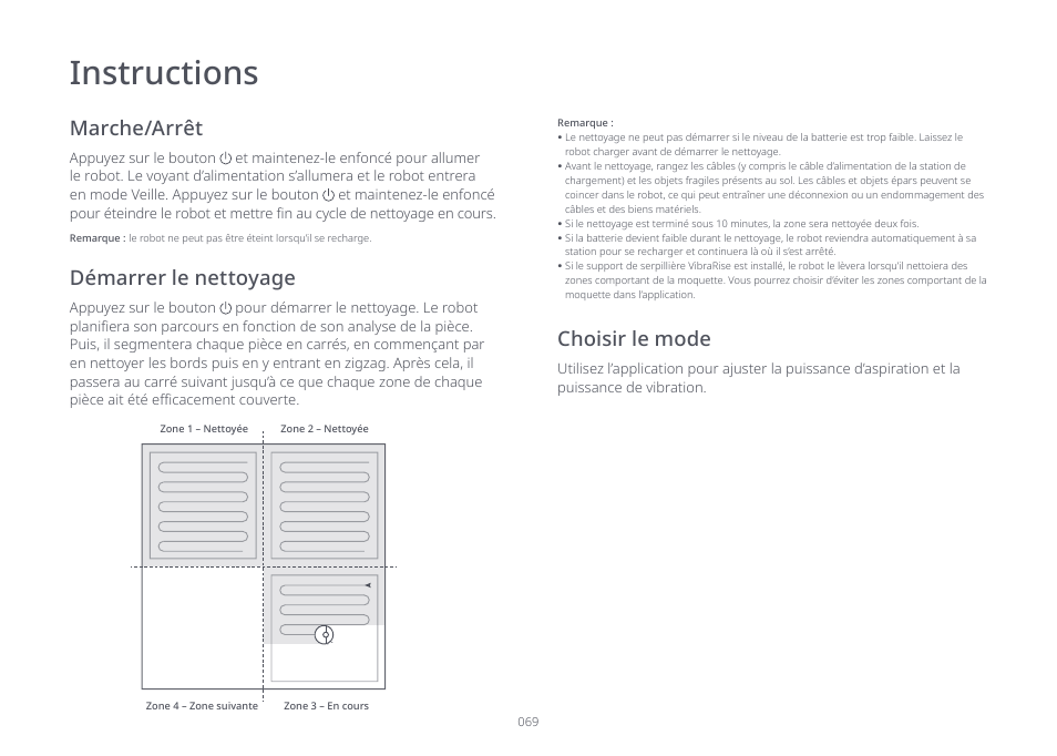 Instructions, Marche/arrêt, Démarrer le nettoyage choisir le mode | Roborock S7 CE User Manual | Page 69 / 372