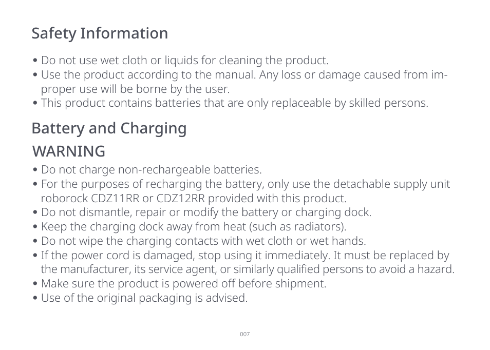 Safety information battery and charging warning | Roborock S7 CE User Manual | Page 7 / 372