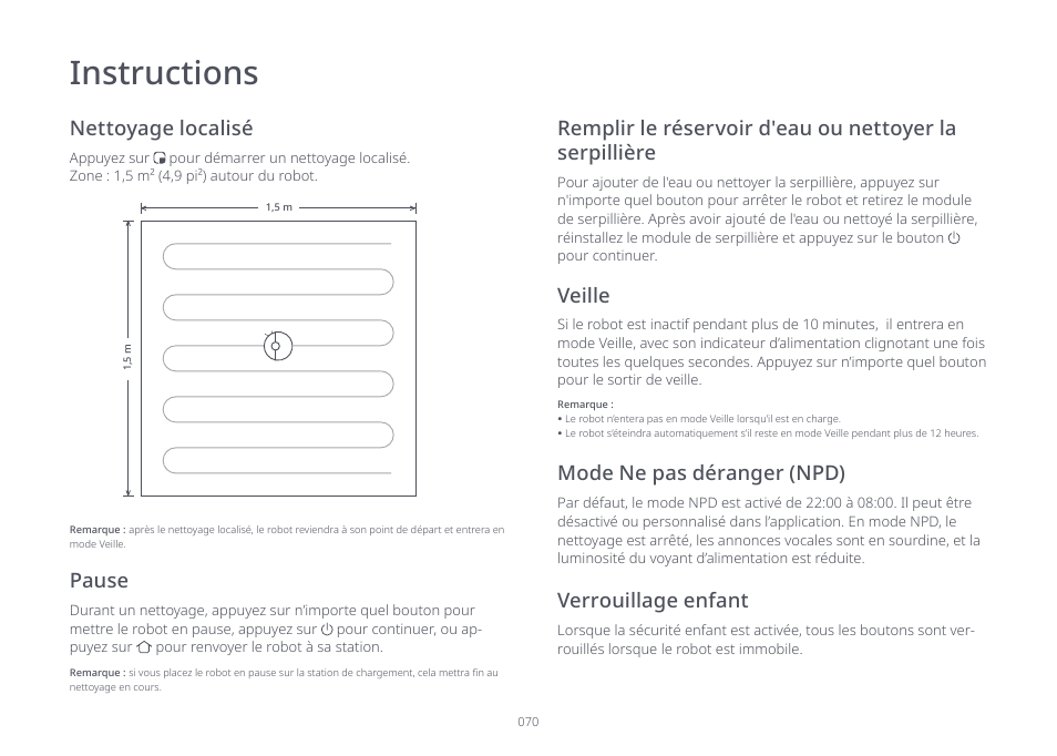 Instructions, Nettoyage localisé, Veille | Roborock S7 CE User Manual | Page 70 / 372