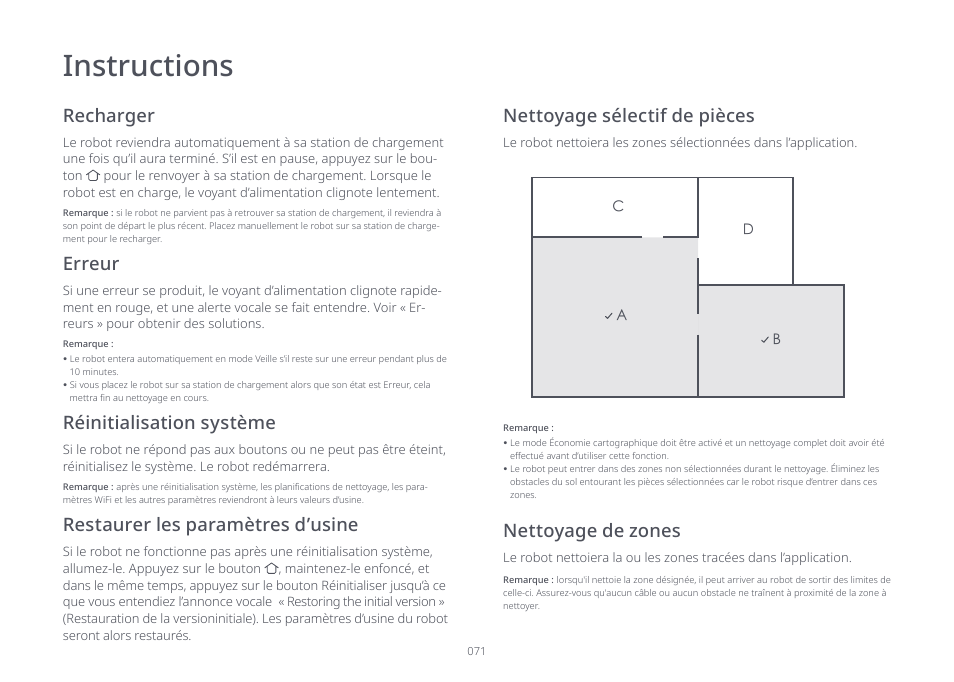 Instructions, Recharger, Erreur | Réinitialisation système, Nettoyage sélectif de pièces | Roborock S7 CE User Manual | Page 71 / 372