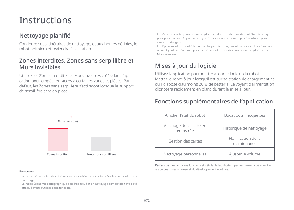 Instructions, Fonctions supplémentaires de l’application, Mises à jour du logiciel | Roborock S7 CE User Manual | Page 72 / 372