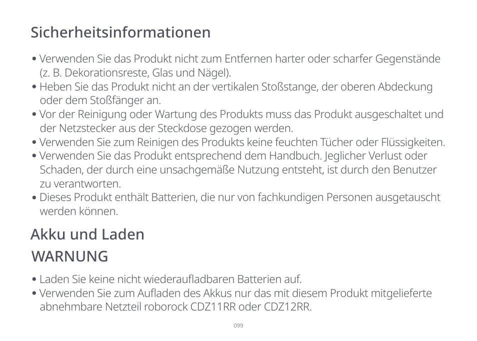 Sicherheitsinformationen akku und laden warnung | Roborock S7 CE User Manual | Page 99 / 372