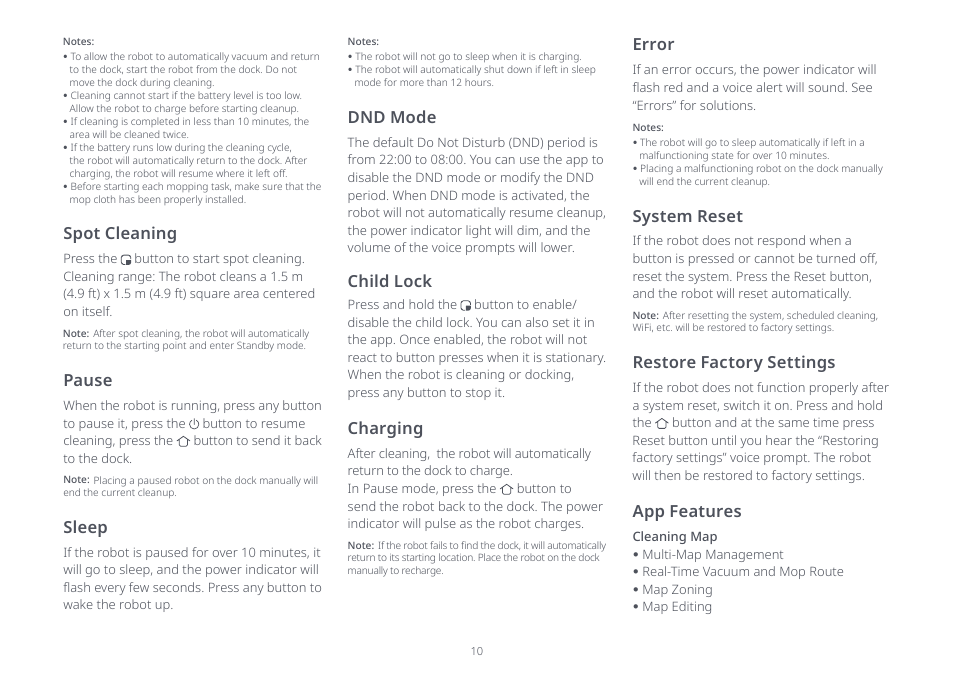 Spot cleaning, Pause, Sleep | Dnd mode charging, Child lock, Error, App features, Restore factory settings, System reset | Roborock Q7 Max FCC User Manual | Page 10 / 14