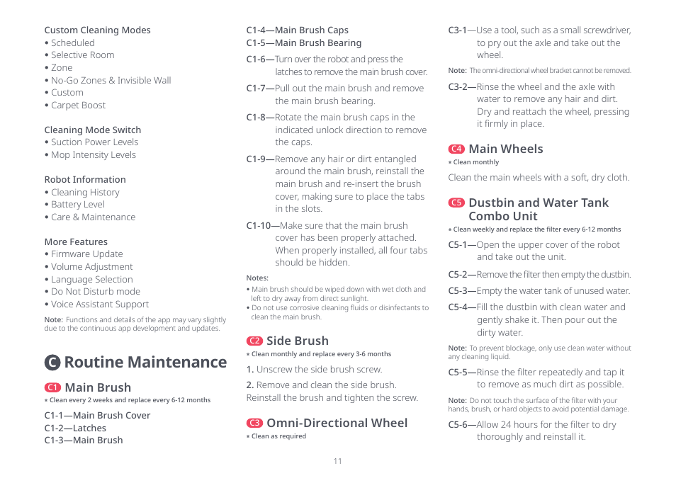 Routine maintenance, Main brush, Main wheels | Dustbin and water tank combo unit, Omni-directional wheel, Side brush | Roborock Q7 Max FCC User Manual | Page 11 / 14