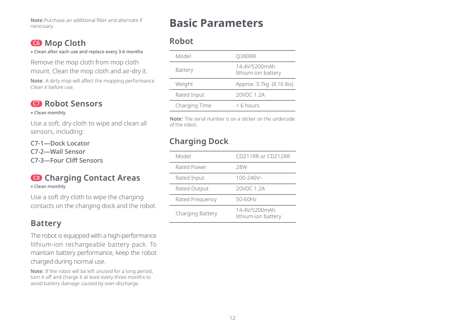 Basic parameters, Robot sensors, Charging contact areas | Mop cloth, Battery, Robot, Charging dock | Roborock Q7 Max FCC User Manual | Page 12 / 14