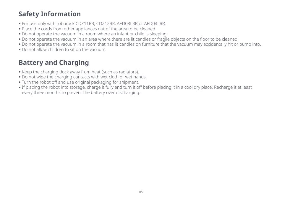 Safety information, Battery and charging | Roborock Q7 Max FCC User Manual | Page 5 / 14