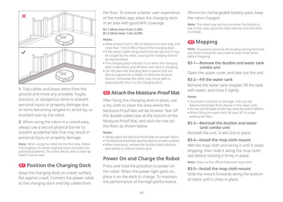 Attach the moisture-proof mat, Power on and charge the robot, Position the charging dock | Mopping | Roborock Q7 Max FCC User Manual | Page 8 / 14