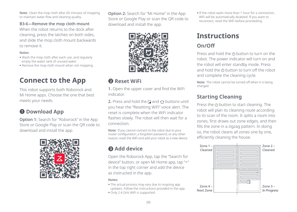 Instructions, Connect to the app, Reset wifi | Add device, On/off, Starting cleaning, Download app | Roborock Q7 Max FCC User Manual | Page 9 / 14