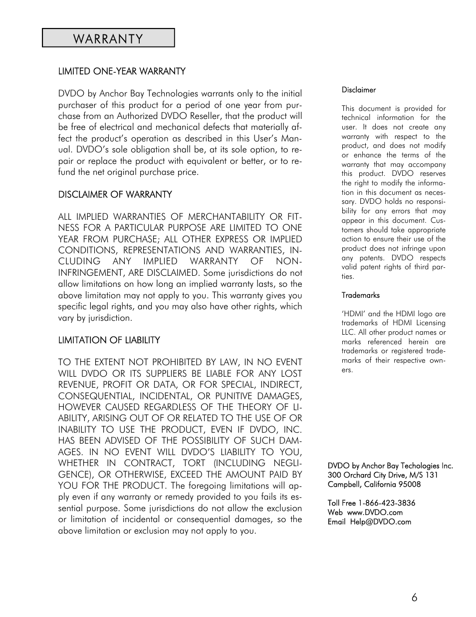 Warranty | DVDO VS4 User Manual | Page 7 / 8