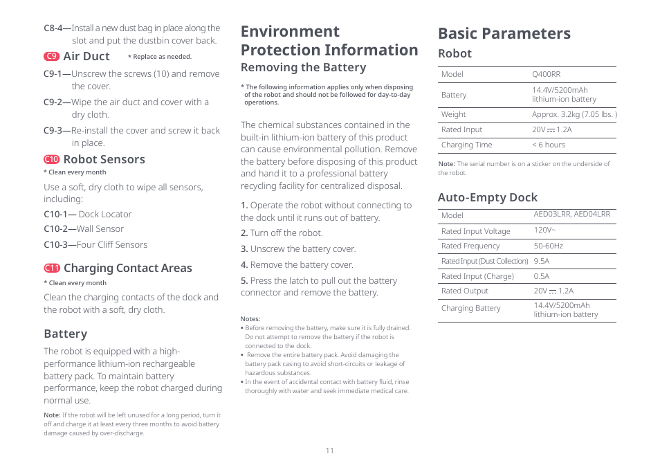 Basic parameters, Environment protection information, Air duct | Robot sensors, Robot, Charging contact areas, Battery, Removing the battery, Auto-empty dock | Roborock Q7+ FCC User Manual | Page 11 / 15