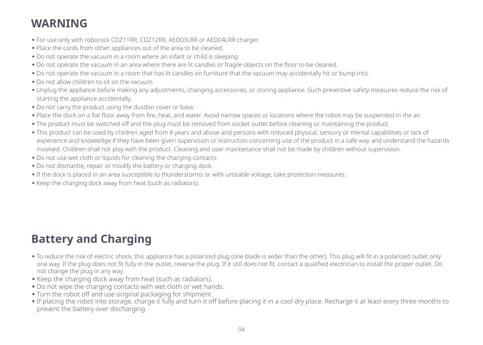 Battery and charging, Warning | Roborock Q7+ FCC User Manual | Page 4 / 15