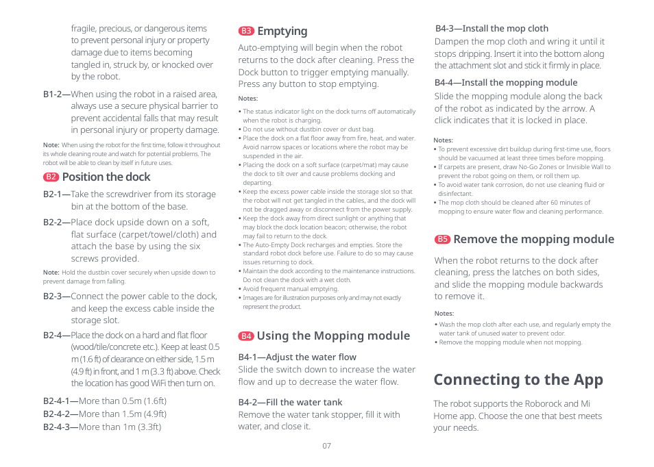 Connecting to the app, Position the dock, Emptying | Using the mopping module, Remove the mopping module | Roborock Q7+ FCC User Manual | Page 7 / 15