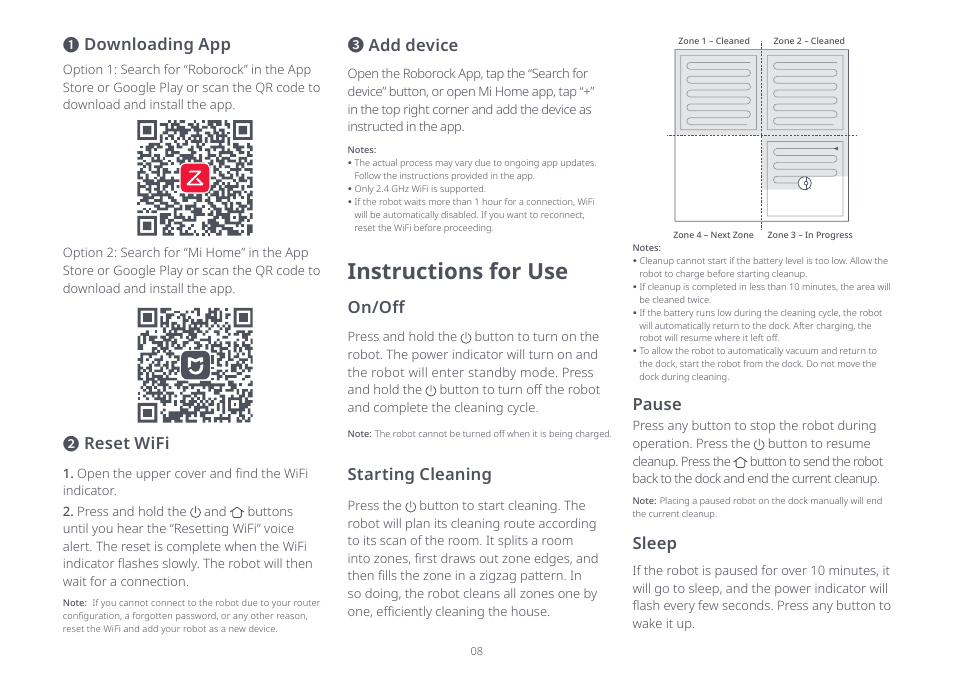 Instructions for use, Downloading app, Reset wifi | Add device, On/off, Starting cleaning, Pause, Sleep | Roborock Q7+ FCC User Manual | Page 8 / 15