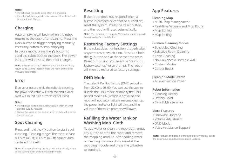 Charging, Error, Spot cleaning | Resetting, Restoring factory settings, App features, Refilling the water tank or washing mop cloth, Dnd mode | Roborock Q7+ FCC User Manual | Page 9 / 15