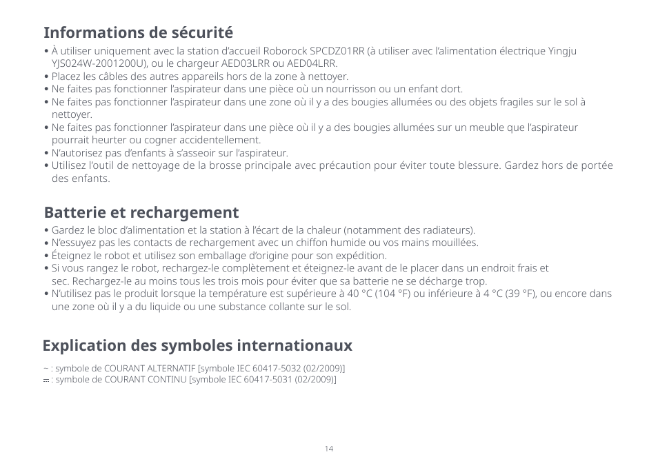 Informations de sécurité, Batterie et rechargement, Explication des symboles internationaux | Roborock Q5 FCC User Manual | Page 14 / 31