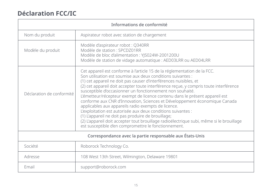 Déclaration fcc/ic | Roborock Q5 FCC User Manual | Page 15 / 31