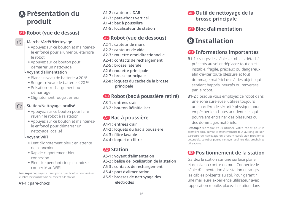 Présentation du produit, Installation, Robot (vue de dessous) | Robot (vue de dessus), Station, Outil de nettoyage de la brosse principale, Bloc d’alimentation, Robot (bac à poussière retiré), Bac à poussière, Informations importantes | Roborock Q5 FCC User Manual | Page 16 / 31