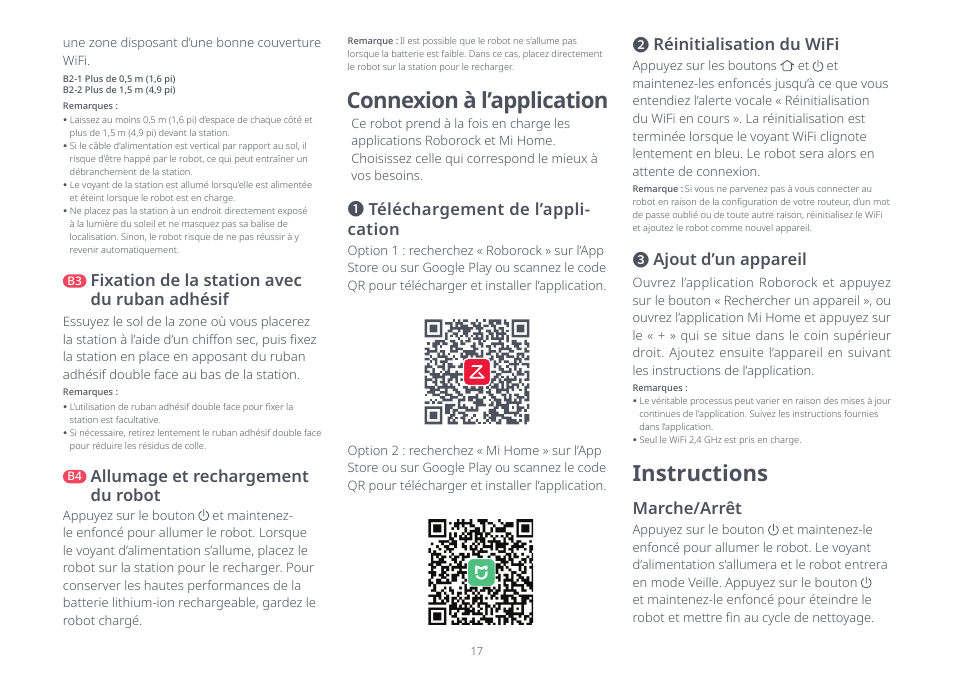 Connexion à l’application, Instructions, Téléchargement de l’appli- cation | Allumage et rechargement du robot, Réinitialisation du wifi ❸ ajout d’un appareil, Marche/arrêt, Fixation de la station avec du ruban adhésif | Roborock Q5 FCC User Manual | Page 17 / 31