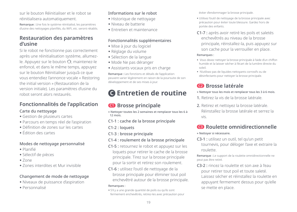 Entretien de routine, Brosse principale, Brosse latérale | Roulette omnidirectionnelle | Roborock Q5 FCC User Manual | Page 19 / 31