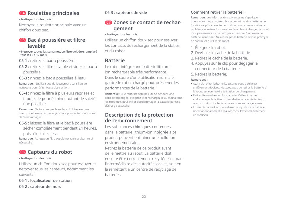 Batterie, Description de la protection de l’environnement, Bac à poussière et filtre lavable | Roulettes principales, Capteurs du robot, Zones de contact de rechar- gement | Roborock Q5 FCC User Manual | Page 20 / 31