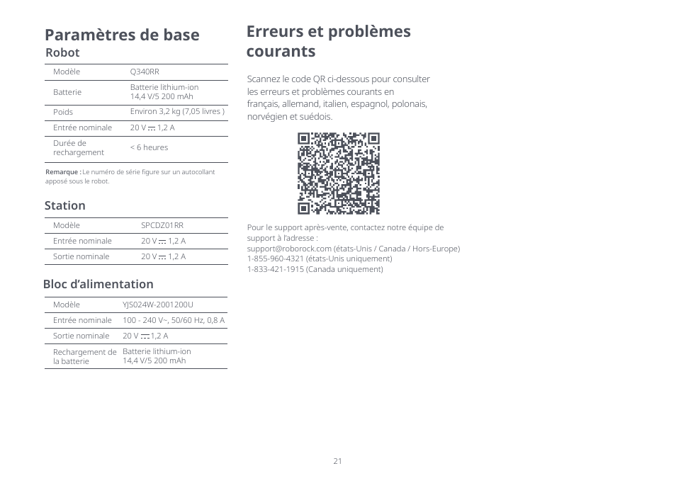 Paramètres de base, Erreurs et problèmes courants, Station | Bloc d’alimentation, Robot | Roborock Q5 FCC User Manual | Page 21 / 31