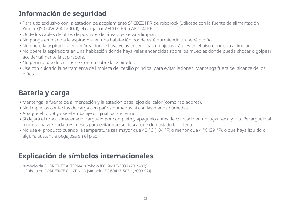 Información de seguridad, Batería y carga, Explicación de símbolos internacionales | Roborock Q5 FCC User Manual | Page 23 / 31