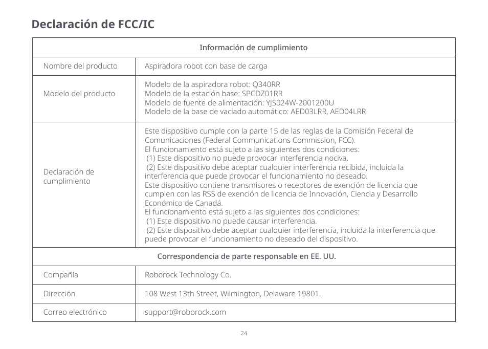 Declaración de fcc/ic | Roborock Q5 FCC User Manual | Page 24 / 31