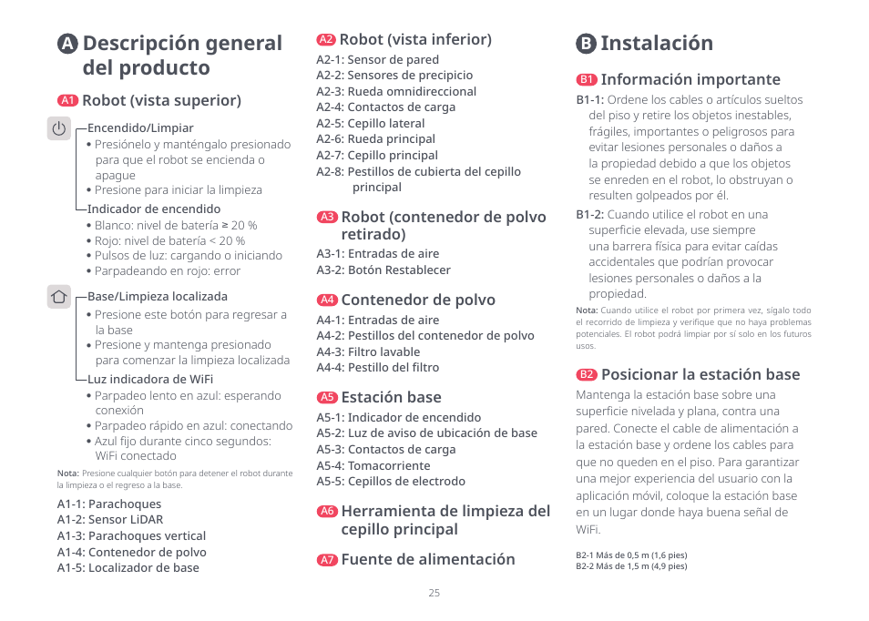 Descripción general del producto, Instalación, Robot (vista inferior) | Robot (vista superior), Estación base, Herramienta de limpieza del cepillo principal, Fuente de alimentación, Robot (contenedor de polvo retirado), Contenedor de polvo, Información importante | Roborock Q5 FCC User Manual | Page 25 / 31