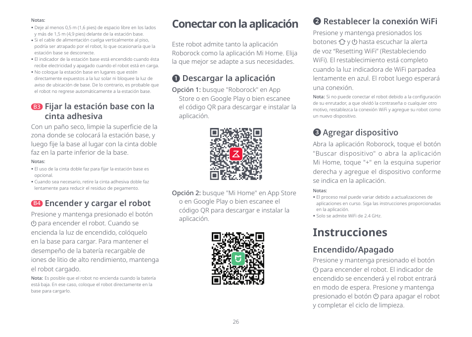 Conectar con la aplicación, Instrucciones, Descargar la aplicación | Encender y cargar el robot, Restablecer la conexión wifi, Fijar la estación base con la cinta adhesiva, Agregar dispositivo, Encendido/apagado | Roborock Q5 FCC User Manual | Page 26 / 31