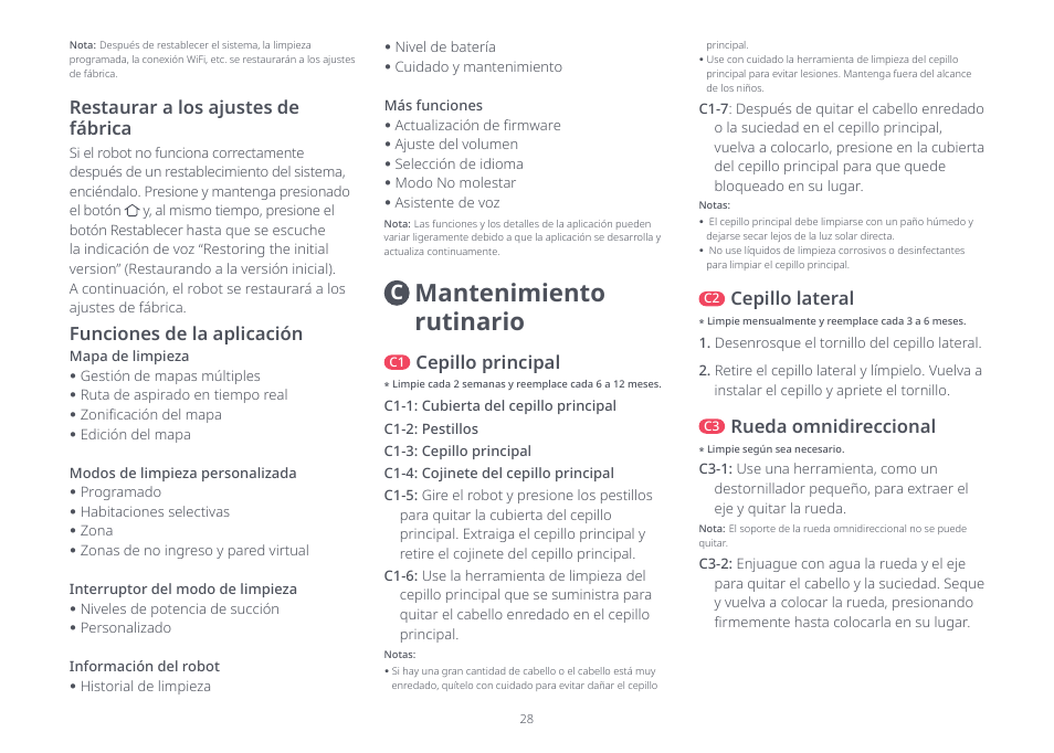 Mantenimiento rutinario, Cepillo principal, Cepillo lateral | Rueda omnidireccional | Roborock Q5 FCC User Manual | Page 28 / 31