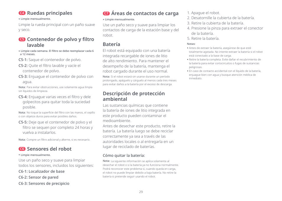 Batería, Descripción de protección ambiental, Contenedor de polvo y filtro lavable | Sensores del robot, Áreas de contactos de carga, Ruedas principales | Roborock Q5 FCC User Manual | Page 29 / 31