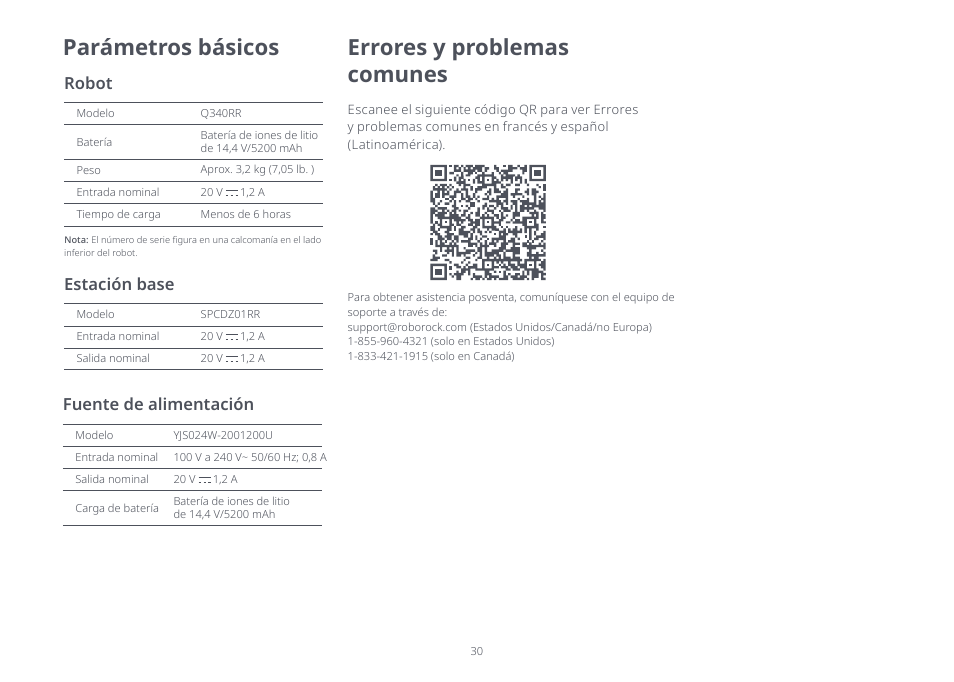 Errores y problemas comunes, Parámetros básicos, Fuente de alimentación | Robot, Estación base | Roborock Q5 FCC User Manual | Page 30 / 31