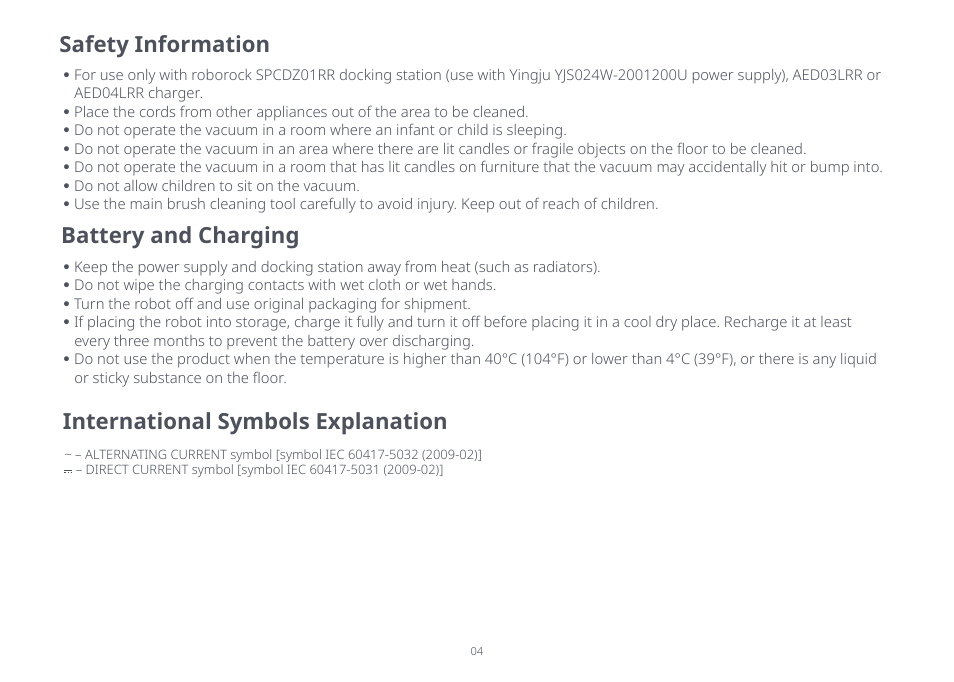 Safety information, Battery and charging, International symbols explanation | Roborock Q5 FCC User Manual | Page 4 / 31