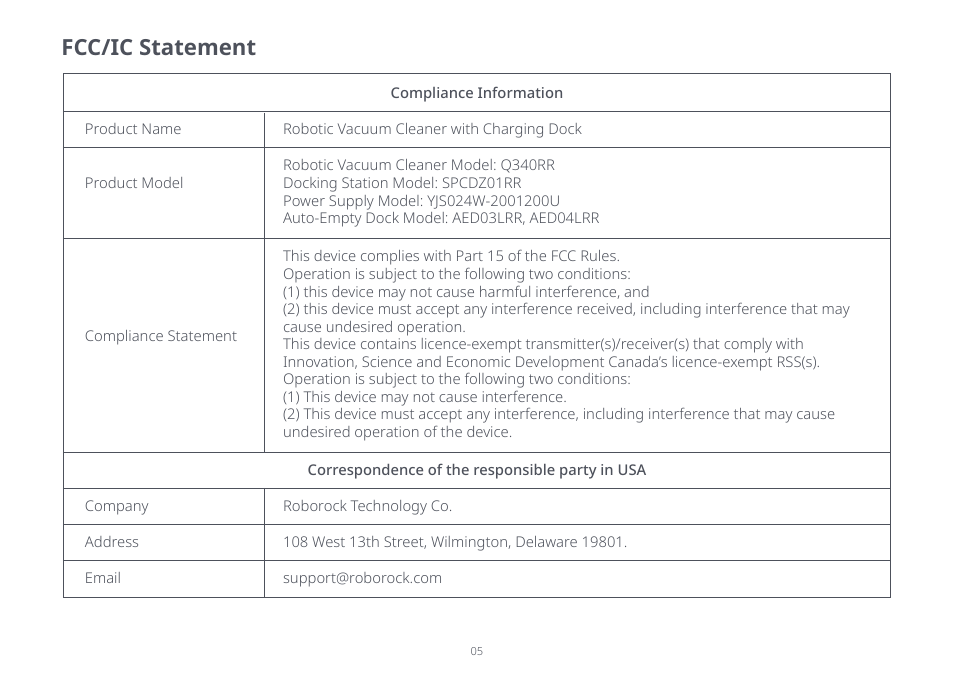 Fcc/ic statement | Roborock Q5 FCC User Manual | Page 5 / 31