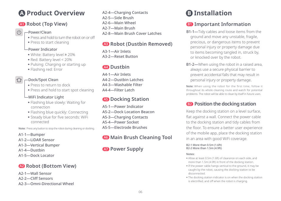 Product overview, Installation, Robot (bottom view) | Robot (top view), Docking station, Main brush cleaning tool, Power supply, Robot (dustbin removed), Dustbin, Important information | Roborock Q5 FCC User Manual | Page 6 / 31