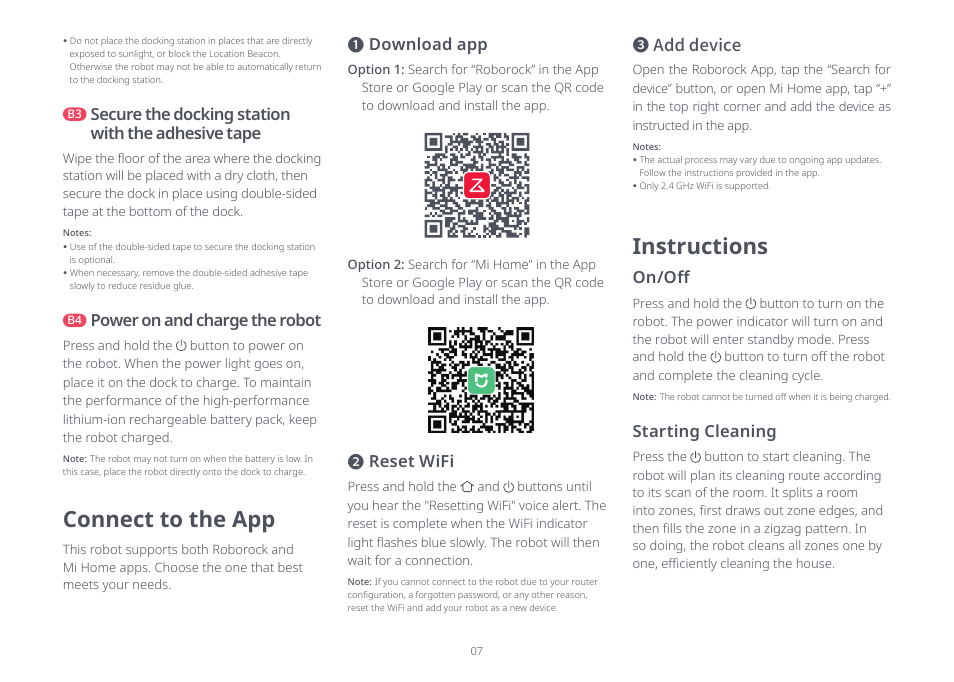 Connect to the app, Instructions, Download app | Power on and charge the robot, Reset wifi ❸ add device, On/off, Starting cleaning, Secure the docking station with the adhesive tape | Roborock Q5 FCC User Manual | Page 7 / 31