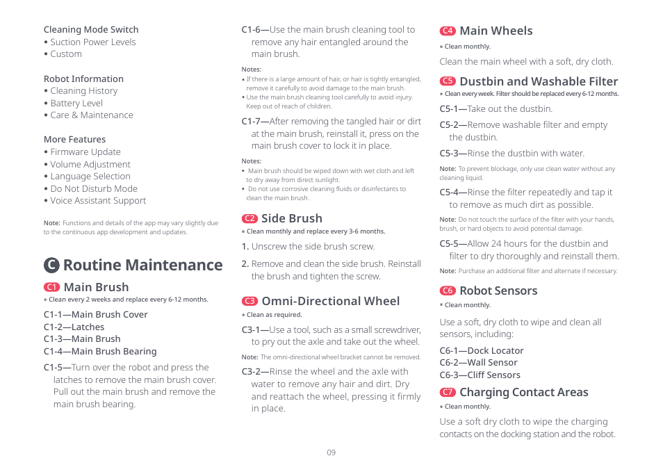 Routine maintenance, Main brush, Side brush | Dustbin and washable filter, Omni-directional wheel, Main wheels, Robot sensors, Charging contact areas | Roborock Q5 FCC User Manual | Page 9 / 31