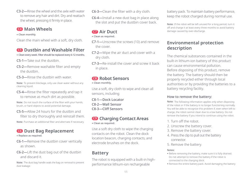 Dust bag replacement, Air duct, Robot sensors | Charging contact areas, Battery, Dustbin and washable filter, Main wheels, Environmental protection description | Roborock Q5+ User Manual | Page 10 / 34