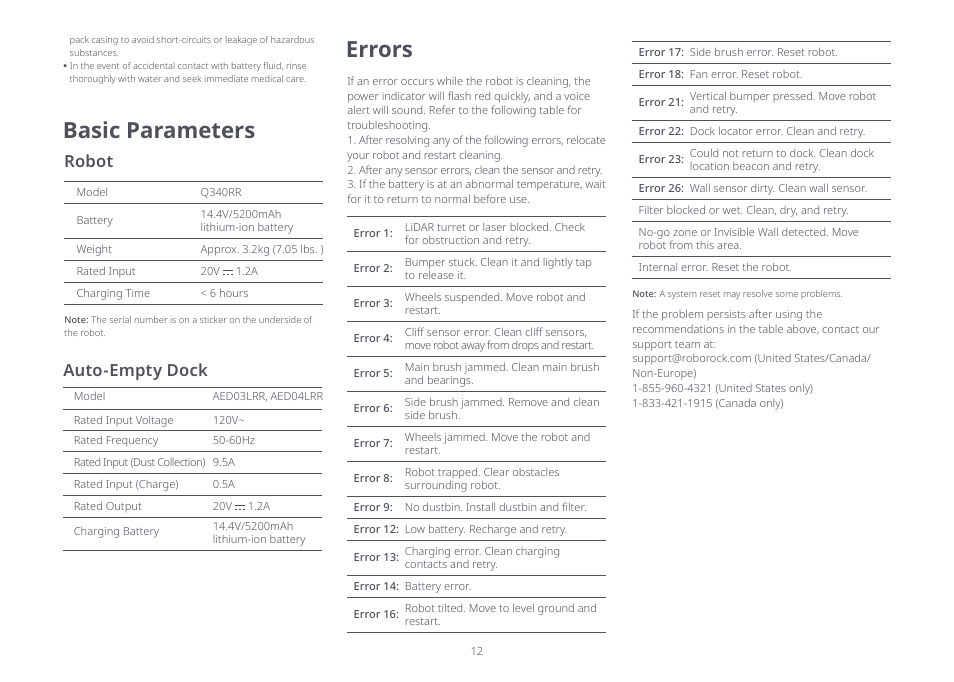 Basic parameters, Errors, Robot | Auto-empty dock | Roborock Q5+ User Manual | Page 11 / 34