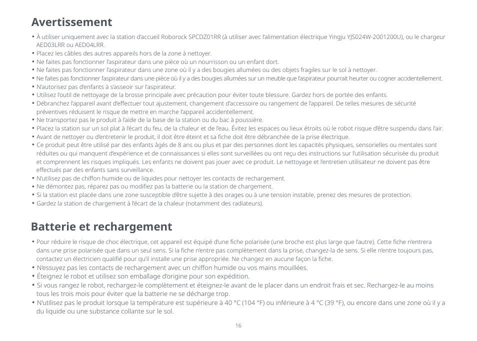 Avertissement, Batterie et rechargement | Roborock Q5+ User Manual | Page 15 / 34