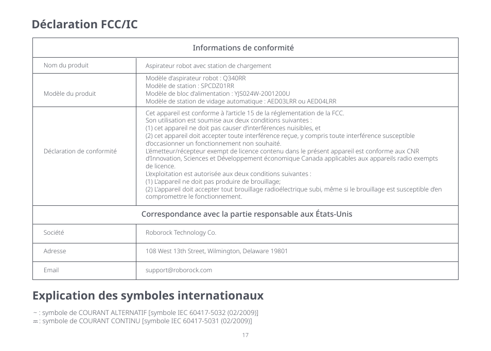 Déclaration fcc/ic, Explication des symboles internationaux | Roborock Q5+ User Manual | Page 16 / 34