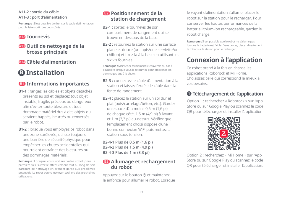 Connexion à l’application, Installation, Téléchargement de l’application | Informations importantes, Positionnement de la station de chargement, Allumage et rechargement du robot, Tournevis, Outil de nettoyage de la brosse principale, Câble d’alimentation | Roborock Q5+ User Manual | Page 18 / 34