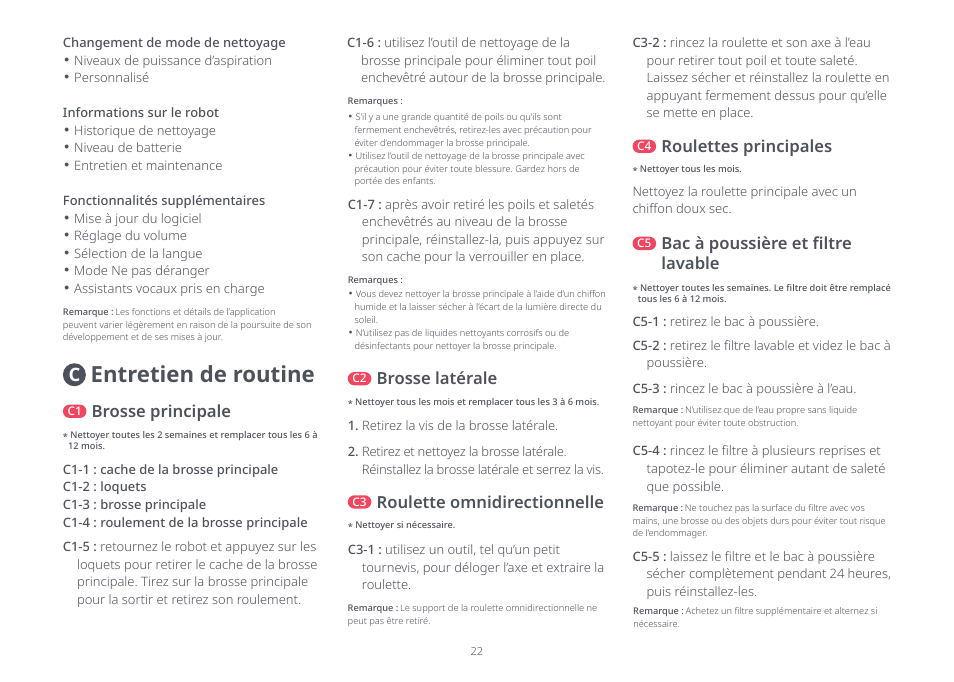 Entretien de routine, Bac à poussière et filtre lavable, Roulettes principales | Brosse principale, Brosse latérale, Roulette omnidirectionnelle | Roborock Q5+ User Manual | Page 21 / 34