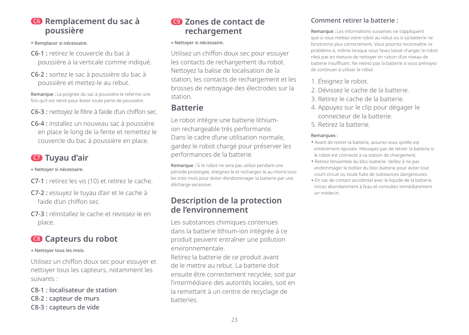 Remplacement du sac à poussière, Tuyau d’air, Capteurs du robot | Zones de contact de rechargement, Batterie, Description de la protection de l’environnement | Roborock Q5+ User Manual | Page 22 / 34