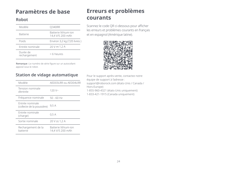 Paramètres de base, Erreurs et problèmes courants, Robot | Station de vidage automatique | Roborock Q5+ User Manual | Page 23 / 34