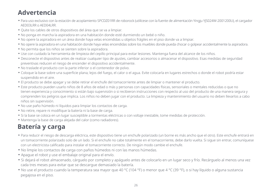 Advertencia, Batería y carga | Roborock Q5+ User Manual | Page 25 / 34