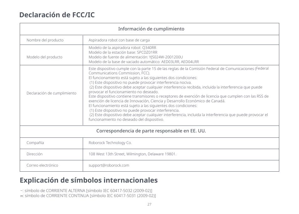 Declaración de fcc/ic, Explicación de símbolos internacionales | Roborock Q5+ User Manual | Page 26 / 34