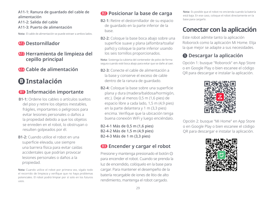 Conectar con la aplicación, Instalación, Destornillador | Herramienta de limpieza del cepillo principal, Cable de alimentación, Descargar la aplicación, Información importante, Posicionar la base de carga, Encender y cargar el robot | Roborock Q5+ User Manual | Page 28 / 34